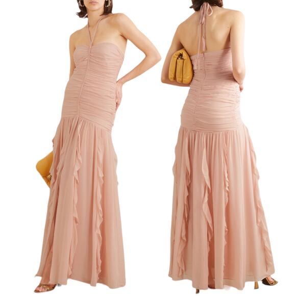 Veronica Beard Lucine Ruched Silk Halter Neck Maxi Dress Size 12 - Picture 1 of 13